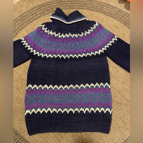 vintage hand-knit chunky wool cardigan sweater Fair Isle pattern blue teal - Picture 3 of 15